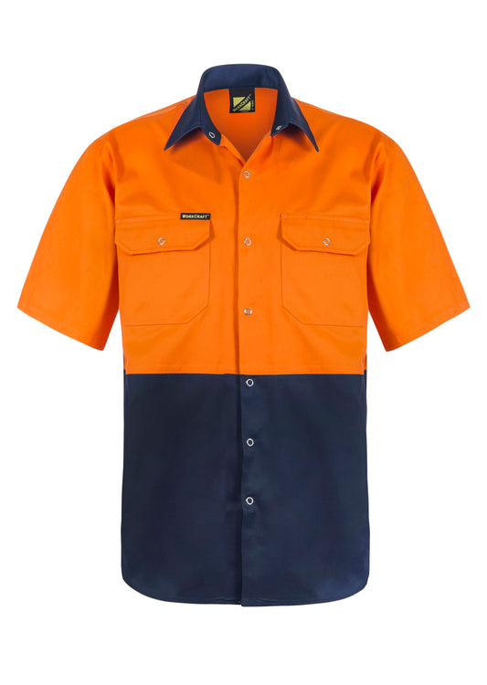 This product is made by Workcraft and distributed by B-Protected. The Hi Vis Short Sleeve Cotton Drill Industrial Laundry Shirt has the part number of NCC-WS3063