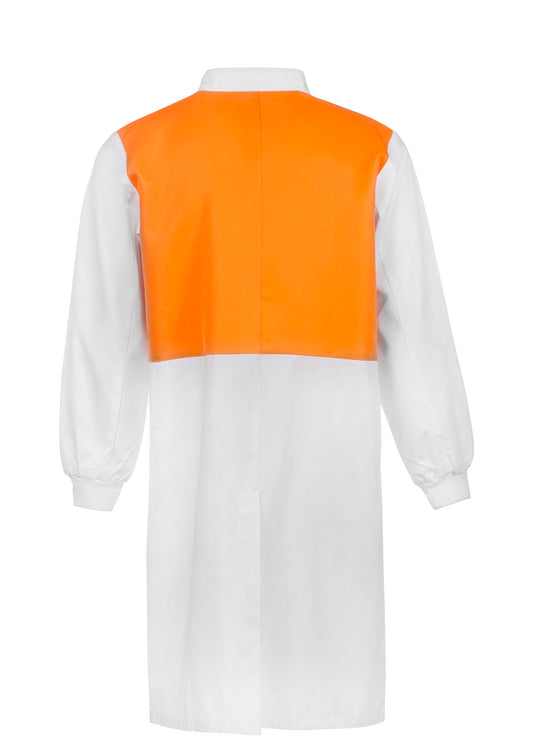 This product is made by Workcraft and distributed by B-Protected. The Orange White Long Length Food Industry Dustcoat has the part number of NCC-WJ3194