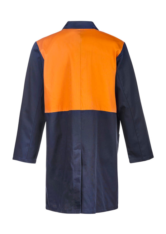 This product is made by Workcraft and distributed by B-Protected. The Hi Vis Orange Navy Poly Cotton Dustcoat has the part number of NCC-WJ047