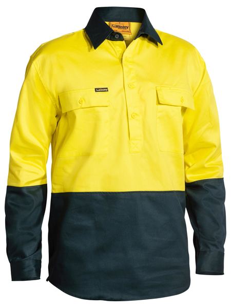 This product is made by Bisley and distributed by B-Protected. The Hi Vis Closed Front Drill Shirt has the part number of B-BSC6267