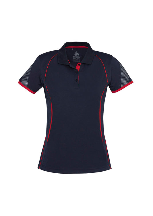 This product is made by Fashion Biz and distributed by B-Protected. The Ladies Razor Short Sleeve Polo has the part number of BIZP405LS
