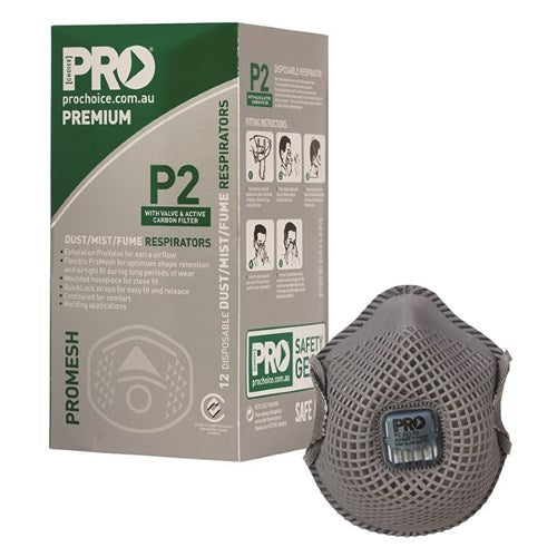 This product is made by PRO Choice and distributed by B-Protected. The P2 Valve Pro Mesh Carbon Dust Mask - Box 12 has the part number of PROPC823