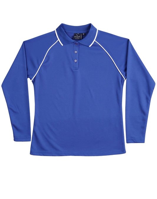 This product is made by AIW and distributed by B-Protected. The Ladies Long Sleeve Polo Shirt has the part number of AIWPS44