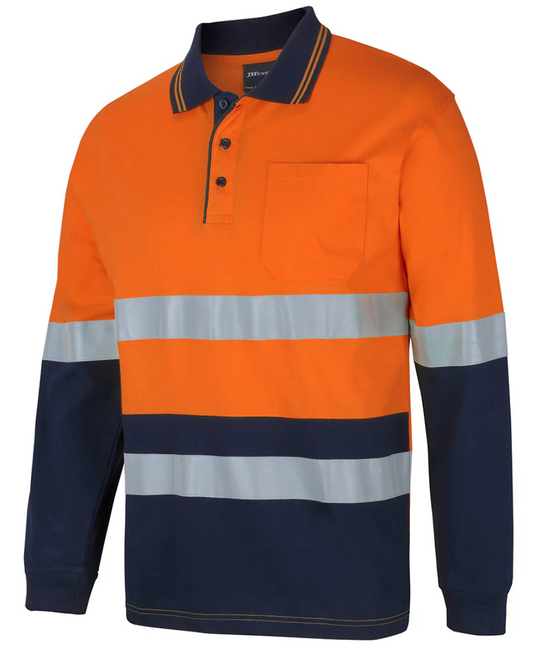 This product is made by JB's Wear and distributed by B-Protected. The Hi-Vis All Cotton Long Sleeve Polo with Reflective Tape (D+N) has the part number of JB6DCPL