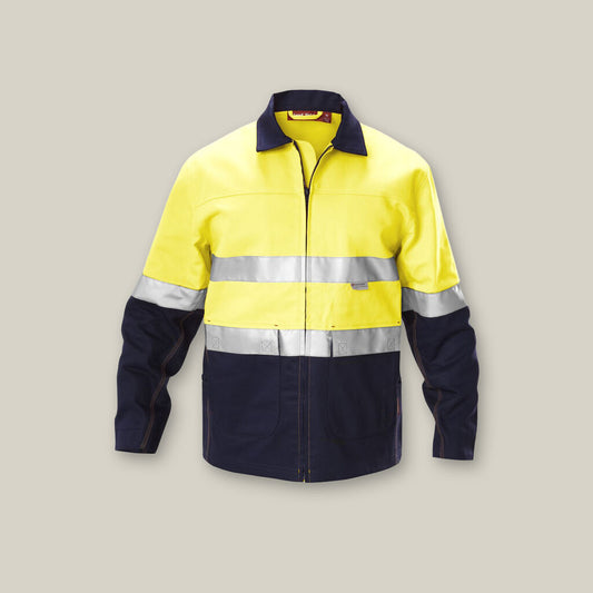 This product is made by Hard Yakka and distributed by B-Protected. The Hi Vis Lined 21oz Bluey Jacket has the part number of Y06554