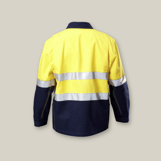 This product is made by Hard Yakka and distributed by B-Protected. The Hi Vis Cotton Drill Jkt With Tape has the part number of Y06545