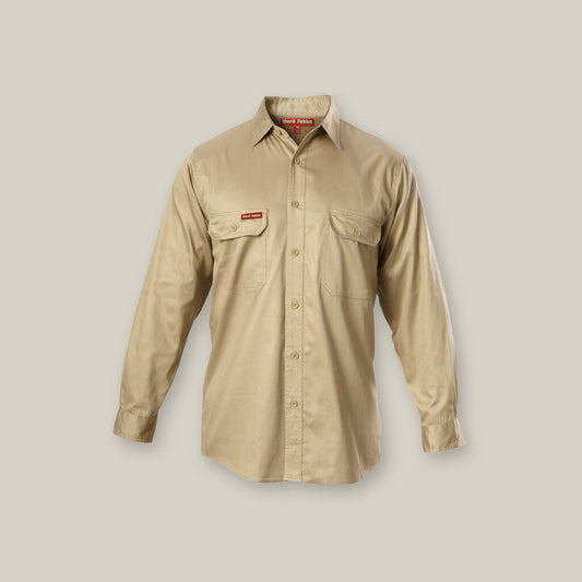 This product is made by Hard Yakka and distributed by B-Protected. The Drill Long Sleeve Shirt has the part number of Y07500