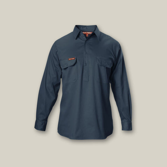 This product is made by Hard Yakka and distributed by B-Protected. The Drill Closed Front Long Sleeve Shirt has the part number of Y07530