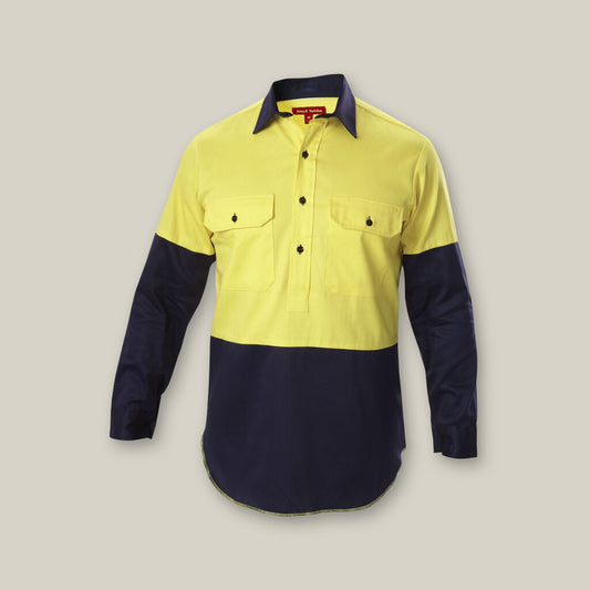 This product is made by Hard Yakka and distributed by B-Protected. The Hi Vis Closed Front Drill Long Sleeve Shirt has the part number of Y07984