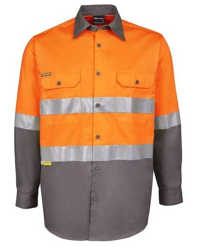This product is made by JBs Wear and distributed by B-Protected. The Hi Vis Long Sleeve Work Shirt W/ Tape has the part number of JB6DNWL