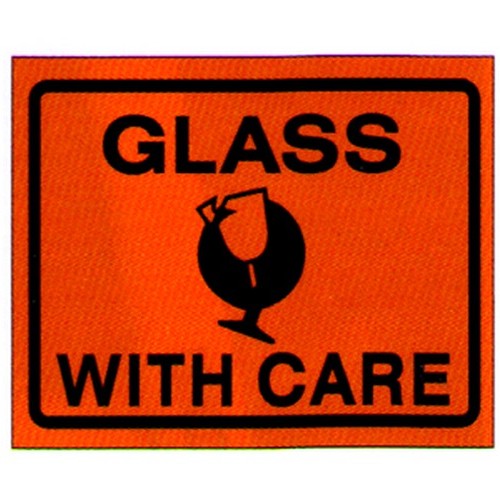 Roll of 500 100x75mm Self Stick Vinyl Glass With Care Labels - made by Signage