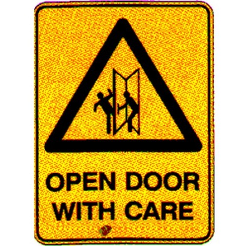 150x2Self Stick Warning Open Door With Care Label - made by Signage