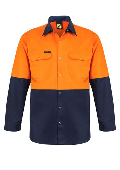 Hi Vis Long Sleeve Cotton Drill Industrial Laundry Shirt With Press Studs - made by Workcraft