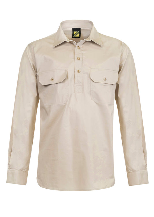 Lightweight Long Sleeve Half Placket Cotton Drill Shirt with Contrast Buttons - made by Workcraft