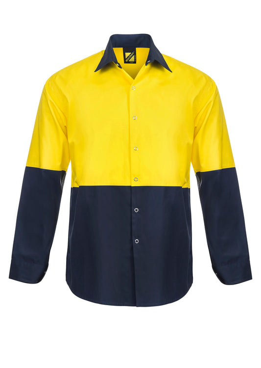 Lightweight Hi Vis Long Sleeve Vented Cotton Drill Food Industry Shirt with Press Studs and Spare Pockets - made by Workcraft