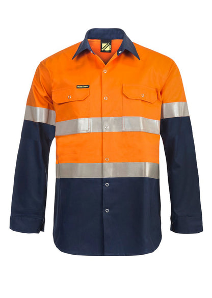 Hi Vis Long Sleeve Cotton Drill Industrial Laundry Reflective Shirt With Press Studs - made by Workcraft
