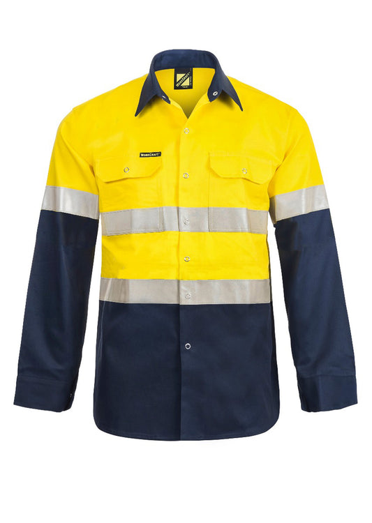 Hi Vis Long Sleeve Cotton Drill Industrial Laundry Reflective Shirt With Press Studs - made by Workcraft