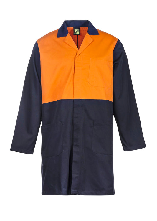 Hi Vis Orange Navy Poly Cotton Dustcoat - made by Workcraft