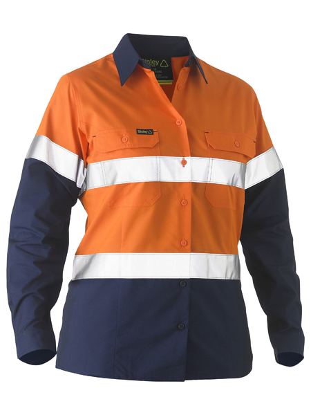 This product is made by Bisley and distributed by B-Protected. The Womens Taped 2 Tone Hi Vis Recycled Drill Shirt has the part number of B-BL6996T