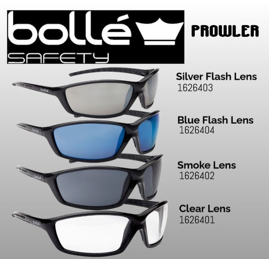 B-Protected distribute this product which is made by Bolle. The Prowler Black Frame Safety Specs - Box of 10 Pairs has the part number of BO16264XX-BOX