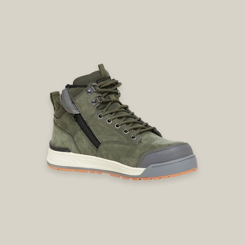 3056 Olive Lace Zip Safety Boot - made by Hard Yakka Footwear