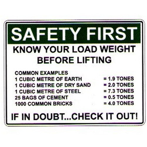 Plastic 450x600mm Safety First Know Your Load... Sign